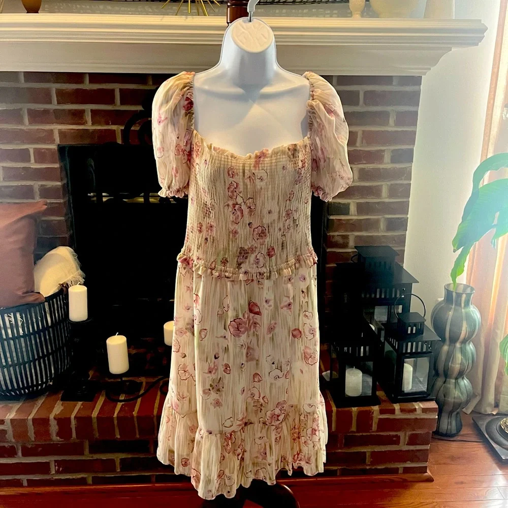 Never Worn! Black Tape Floral Mini Dress! Size:XL Color:Pink/Green on Taupe. - Picture 2 of 7